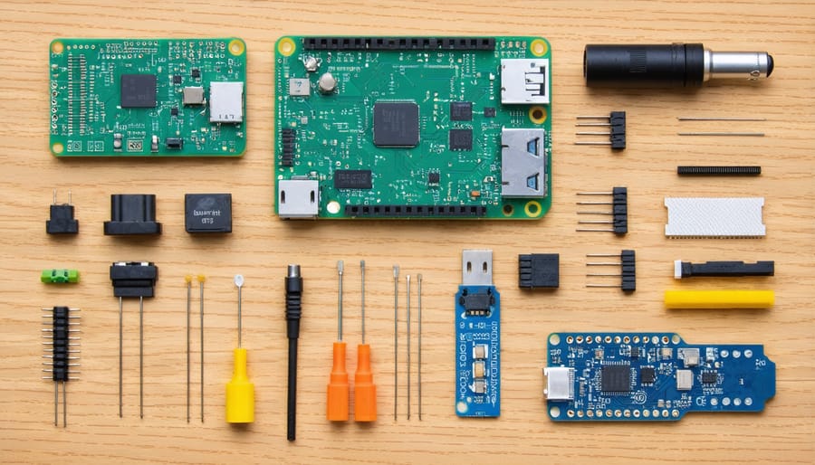 Raspberry Pi Zero, battery pack, case, SD card, and peripherals arranged on a surface