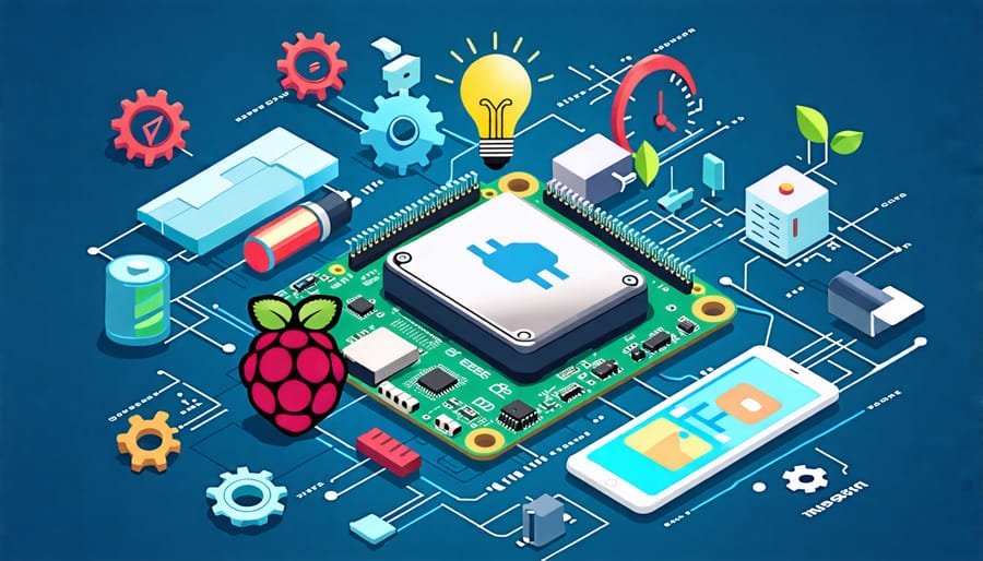 Conceptual illustration of a Raspberry Pi Zero surrounded by symbols of power sources, energy efficiency, and optimization tools, such as a battery, gears, and digital code.