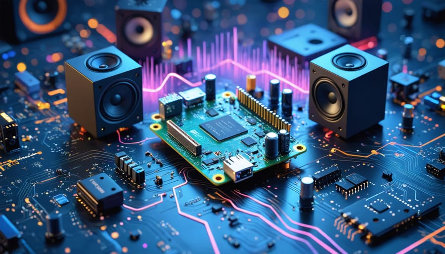 A digitally enhanced image of a Raspberry Pi Zero W, surrounded by audio components and software interface elements, symbolizing its transformation into a high-quality audio interface.