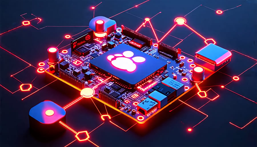 An illustrative depiction of a Raspberry Pi connected to a network of glowing Zigbee nodes, surrounded by futuristic smart home devices, conveying smart connectivity and technological innovation.