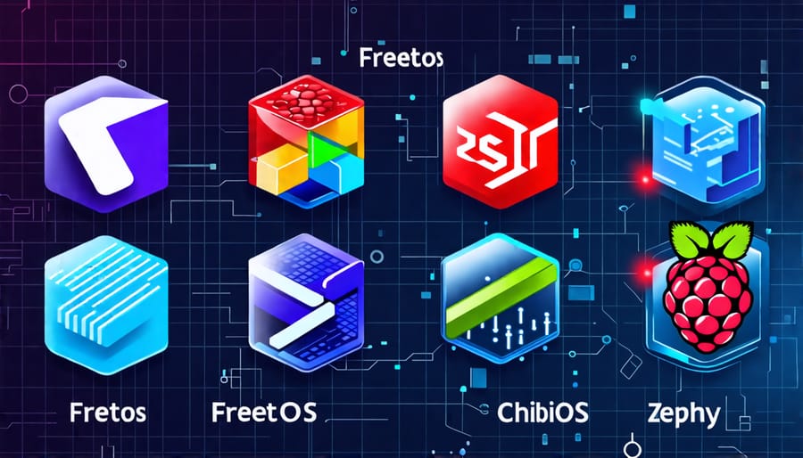 Logos of FreeRTOS, ChibiOS, and Zephyr real-time operating systems