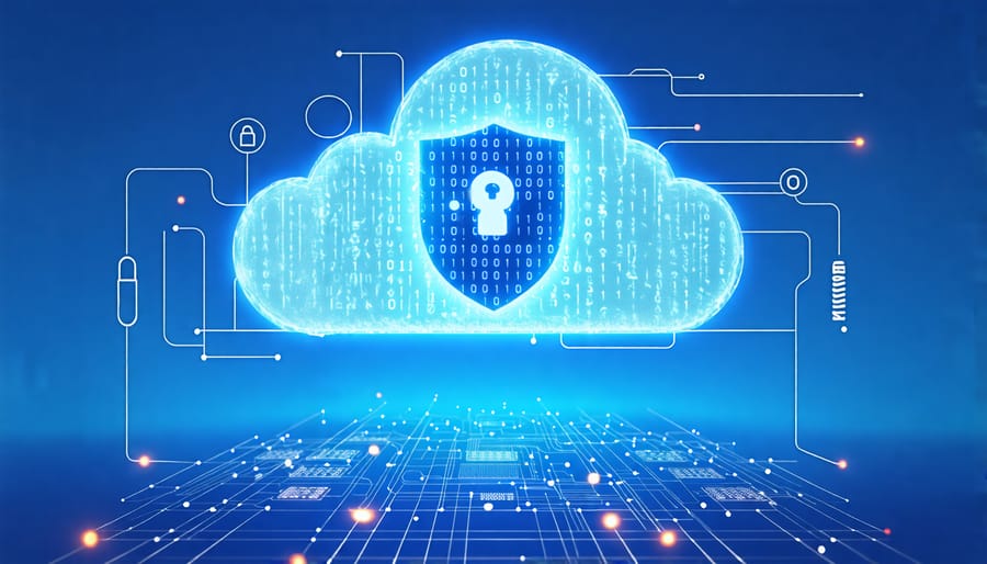 Conceptual image illustrating a securely protected cloud storage symbol connected to Raspberry Pi devices, symbolizing encryption and authentication in cloud-based storage setups.