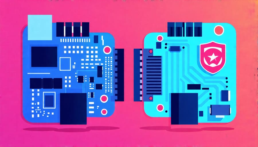 A conceptual diagram comparing secure and insecure Raspberry Pi setups in industrial environments