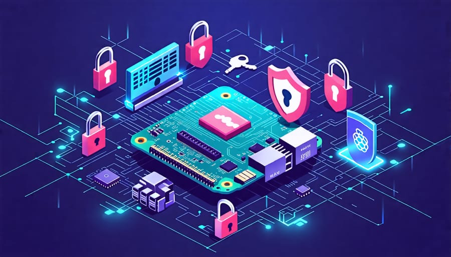 A conceptual illustration of a Raspberry Pi secured with digital padlocks and shields, symbolizing security strategies like firewall and SSH keys, set against a network-themed background.