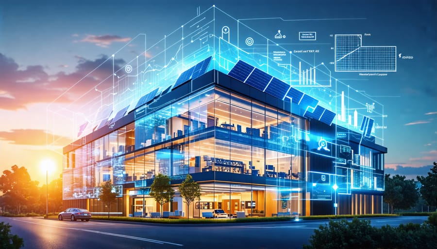 A cross-section of a modern building highlighting energy-efficient systems, smart technologies, and data analytics, showcasing energy optimization strategies.