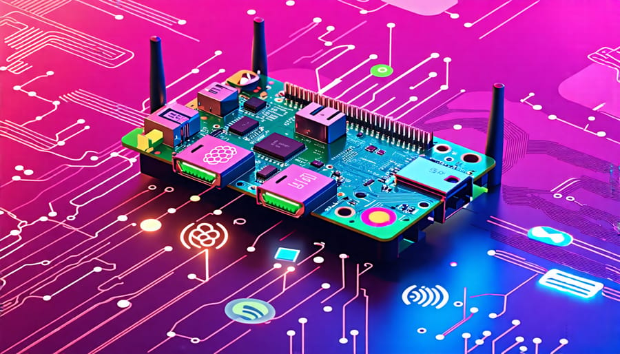 Raspberry Pi connected to a 4G modem, symbolizing innovation and connectivity in mobile data projects.