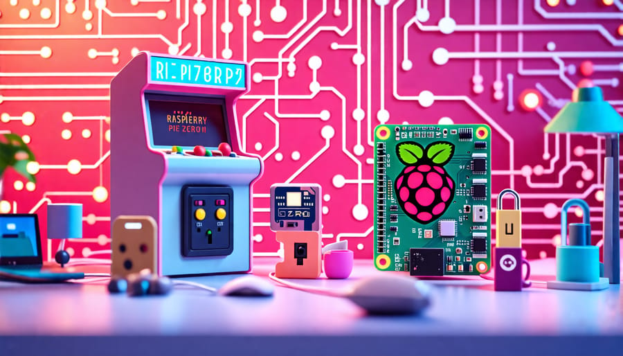 Illustration displaying a Raspberry Pi Zero W and miniaturized elements of a retro gaming console, smart home hub, weather station, and network security, depicting innovation and creativity in technology projects.