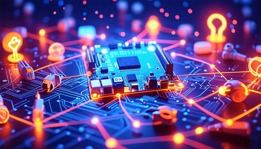 A Raspberry Pi connected to a Zigbee module, central to a network of connected smart home devices symbolizing automation and connectivity.