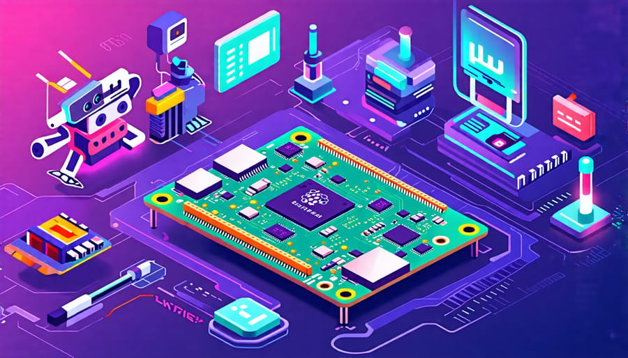 A futuristic workspace illustrating the integration of Raspberry Pi compute modules into various tech projects, including robotics and IoT devices, highlighting educational opportunities for innovation.