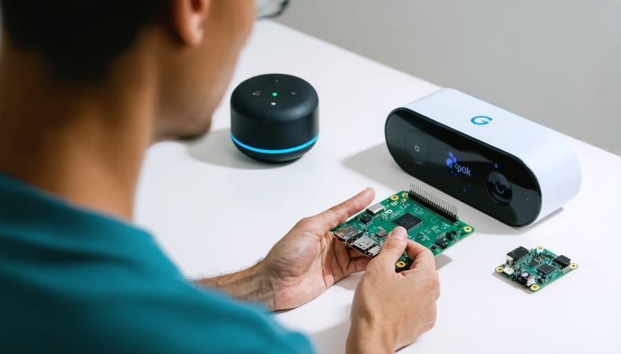 User interacting with a Raspberry Pi-based Google Assistant device