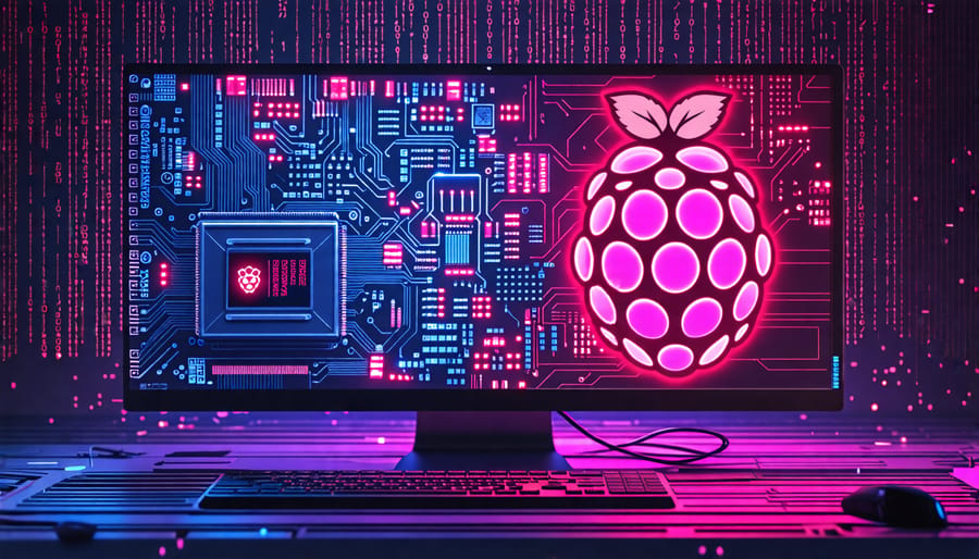 A conceptual depiction showing a computer screen running a virtual Raspberry Pi environment, symbolizing the emulation of Raspbian using QEMU, with digital elements like circuits and Raspberry Pi icons integrated into the display.