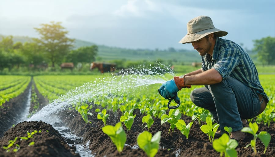 Farmer operating a Raspberry Pi-based automated irrigation system