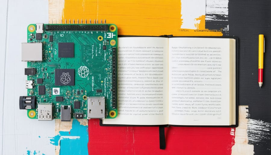 Conceptual representation of Raspberry Pi's mission, showcasing the Raspberry Pi Foundation logo, a Raspberry Pi board, educational resources, and community symbols.