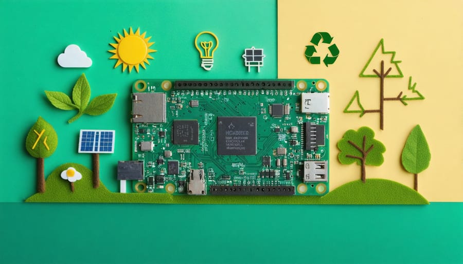 Raspberry Pi surrounded by symbols of renewable energy and eco-friendly technology, including a solar panel, green leaf, and sun, against a gradient green and blue background.