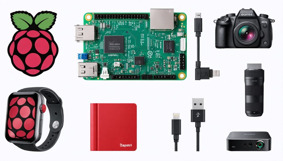 Various Raspberry Pi products and merchandise illustrating sales revenue