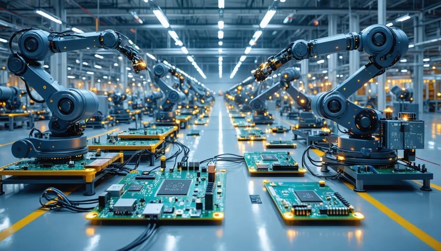 A visually dynamic representation of a factory floor enhanced by Raspberry Pi devices, illustrating their role in operating robotic arms and industrial machines with data visualization in the background.