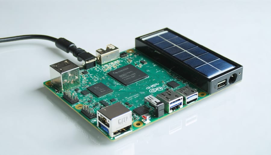 Raspberry Pi connected to a compact solar panel for eco-friendly power