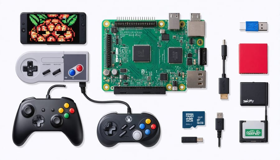 Flat lay of essential components for building a Raspberry Pi retro gaming console, featuring the Raspberry Pi board, controllers, and cables, artfully arranged to convey retro gaming nostalgia.