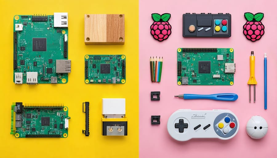 A vibrant collage showcasing different DIY Raspberry Pi case ideas, including Lego bricks, a wooden box, a retro gaming console, and a minimalist acrylic design, reflecting creativity and personalization.