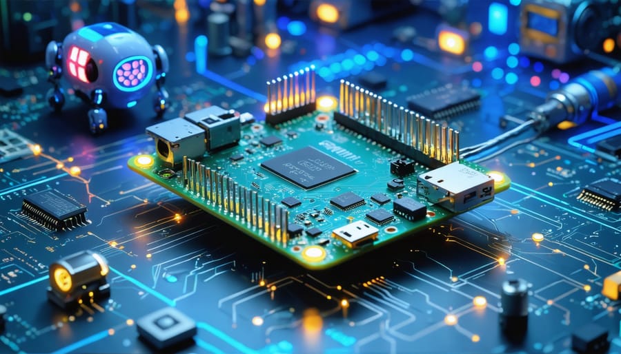 Illustration of a Raspberry Pi device orchestrating smart home devices, robotics, and industrial machinery, symbolizing the integration and power of edge AI technology.