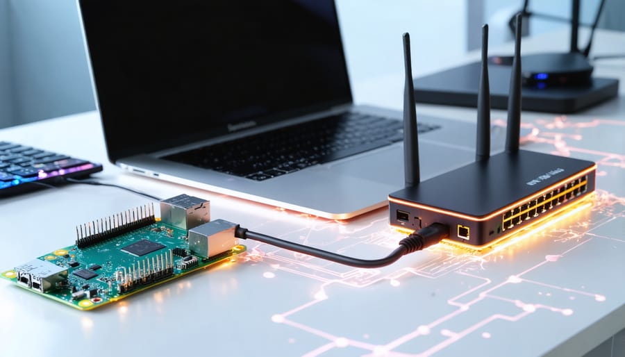 Illustration of a Raspberry Pi 4, laptop, and network router, symbolizing seamless remote connectivity and access setup.