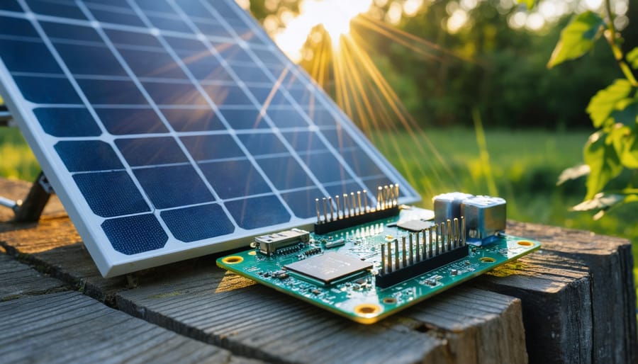 Illustration of a Raspberry Pi Zero being powered by solar energy, with solar panel and battery depicted, emphasizing off-grid innovation.