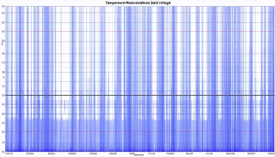 Line graph visualizing temperature and voltage data from lm-sensors