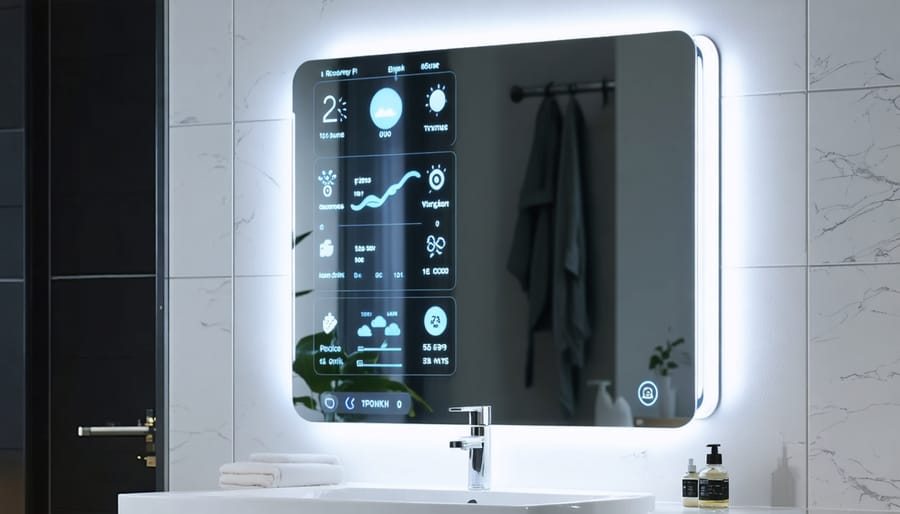 A modern bathroom featuring a Raspberry Pi-powered smart mirror displaying real-time information alongside its reflection.