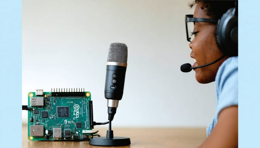 A person interacting with a voice assistant powered by OpenAI and Raspberry Pi