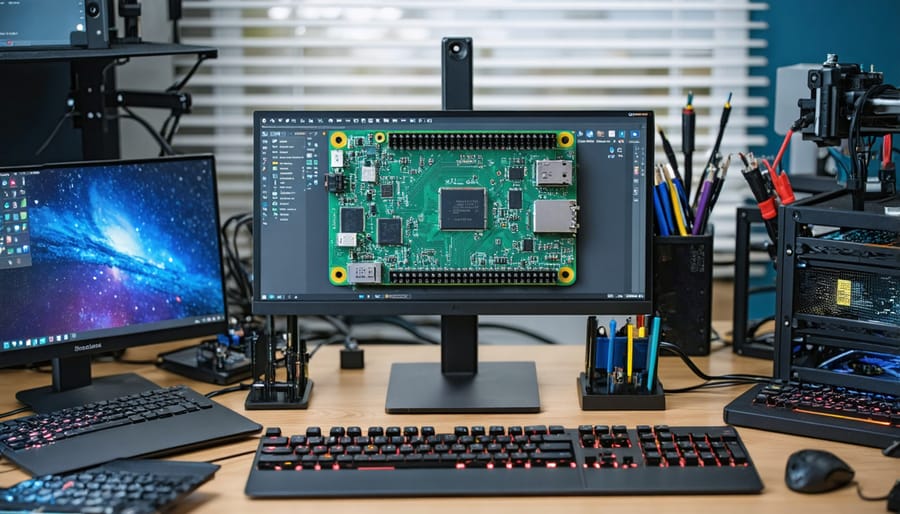 An organized electronics workspace featuring a Raspberry Pi and various electronic components ready for a project