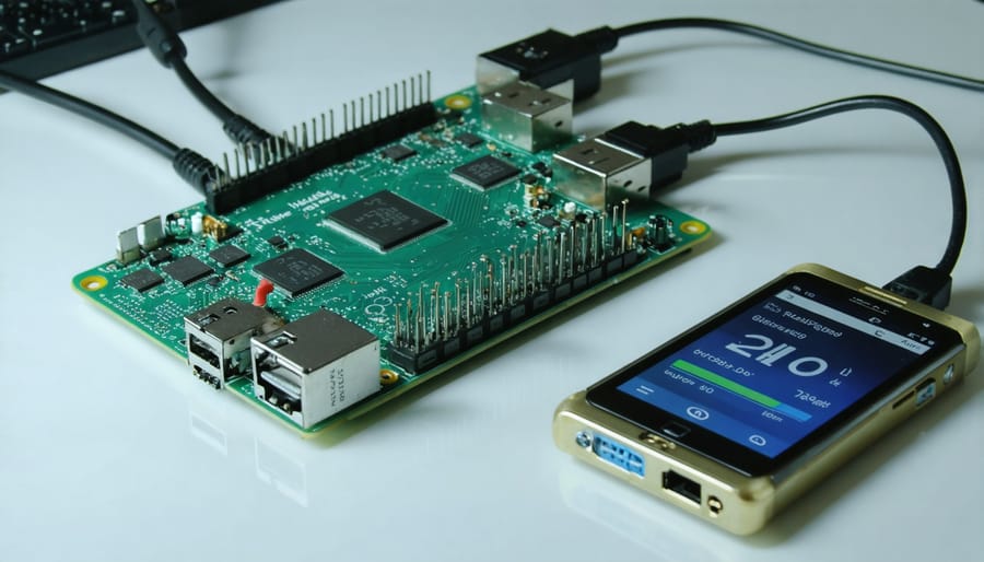 Digital power meter displaying voltage, amperage, and wattage measurements of an operating Raspberry Pi