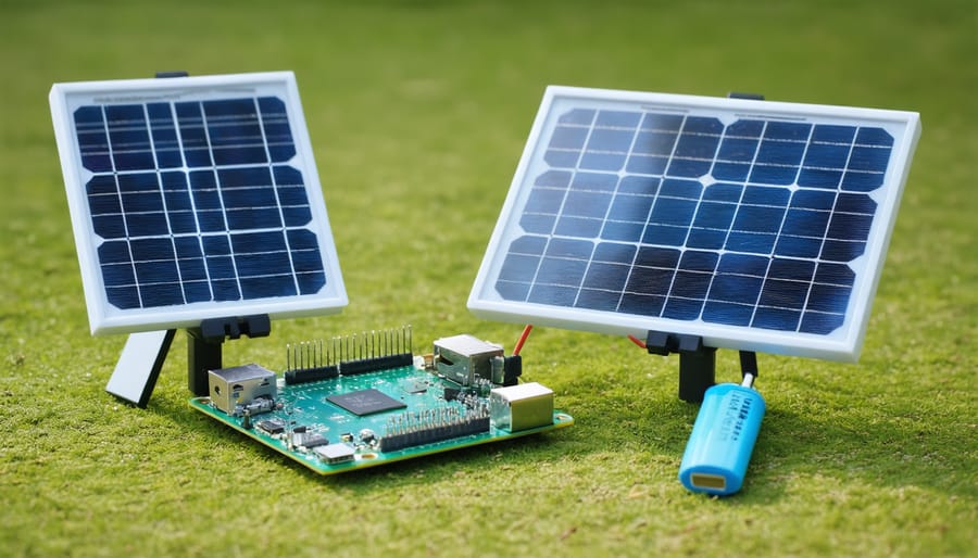 Complete solar power system setup for Raspberry Pi including solar panel, battery, and charge controller