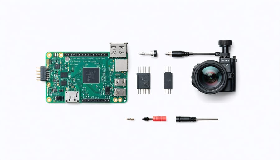 Diagram showing the assembly of a Raspberry Pi Zero security camera