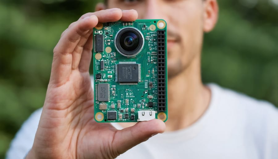 Hands holding a DIY Raspberry Pi Zero security camera