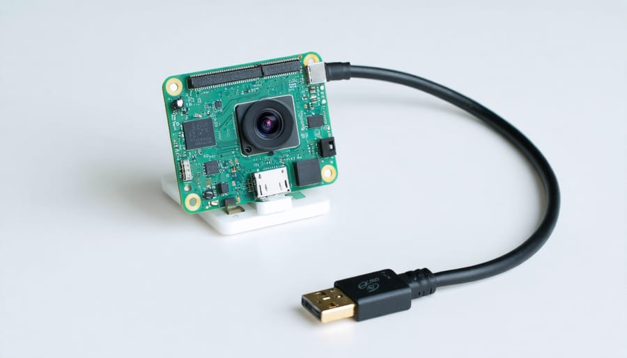 A creative and detailed representation of a pocket-sized DIY security camera using a Raspberry Pi Zero, featuring components like the camera module and connecting cables.