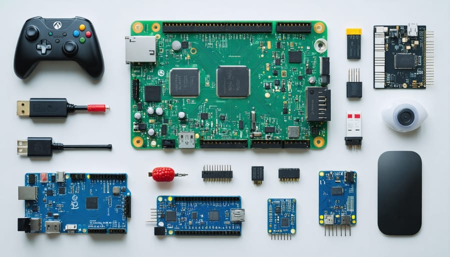 A dynamic and colorful illustration showcasing the Raspberry Pi 2B surrounded by various project examples, including a retro gaming console, smart home hub, and a personal cloud storage device, highlighting the vast potential and versatility of the device for DIY electronics enthusiasts.