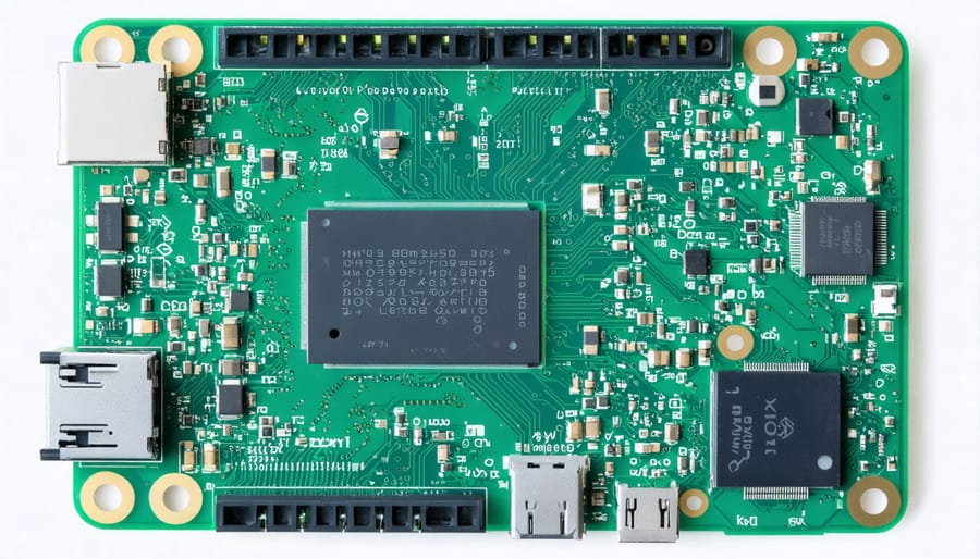 Raspberry Pi 4 model B single-board computer with attached heatsinks for cooling