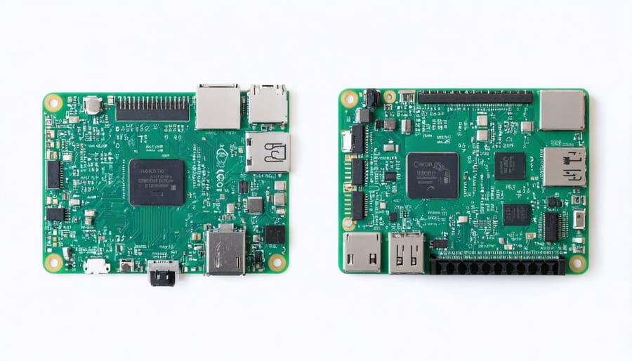 Raspberry Pi 4 and an older model booting up simultaneously, demonstrating faster boot times