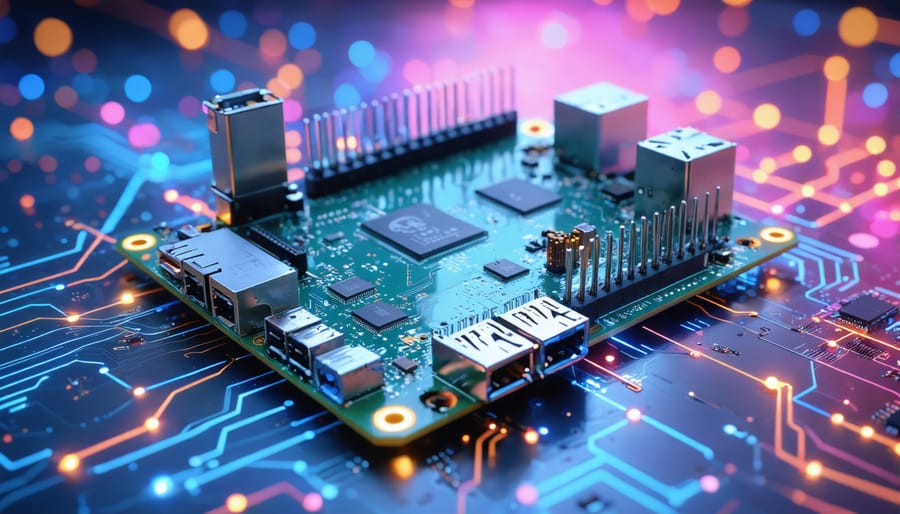 A futuristic depiction of a Raspberry Pi 4 board emphasizing its powerful processor, ample RAM, and advanced networking capabilities, surrounded by digital network graphics.