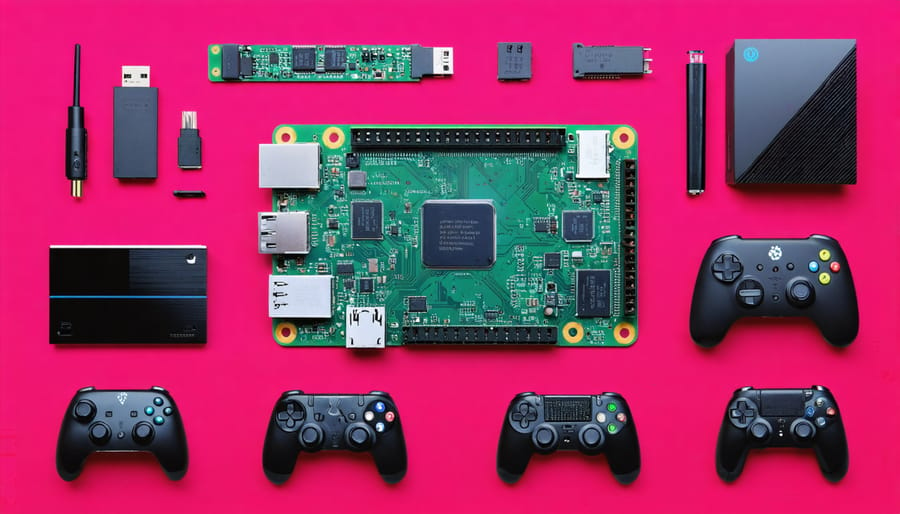 A creative representation of the Raspberry Pi 4 8GB with a central Raspberry Pi board surrounded by various project themes such as web server, NAS, gaming console, hacking tools, and home automation devices.