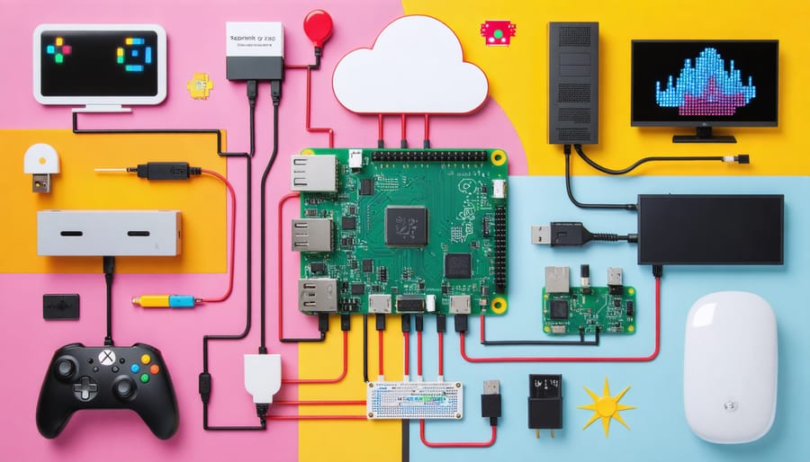 A collage of Raspberry Pi 4 projects including a retro gaming console, smart home devices, cloud storage elements, and network ad-blocking features.