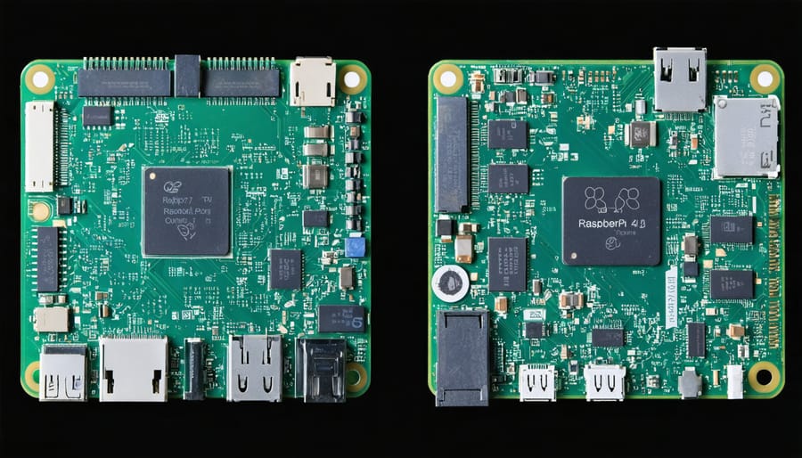 Side-by-side depiction of Raspberry Pi 4 and 4B, highlighting key differences such as RAM and performance capabilities, set against a backdrop suggesting technology and innovation.