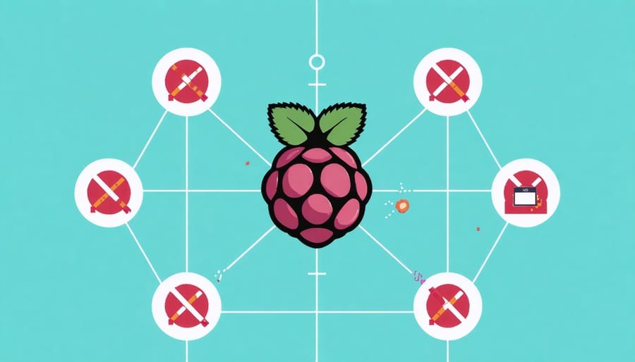 Conceptual representation of a Raspberry Pi blocking ads on a network using Pi-hole