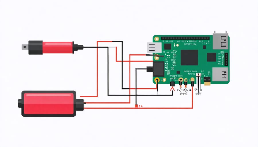 Schematic illustration of safely connecting a battery to a Raspberry Pi using voltage regulators and protection circuits