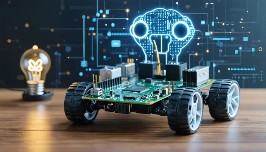 Illustration of a beginner's Raspberry Pi robot setup, including a Raspberry Pi board, motors, wheels, and coding elements, symbolizing the start of a creative robotics journey.