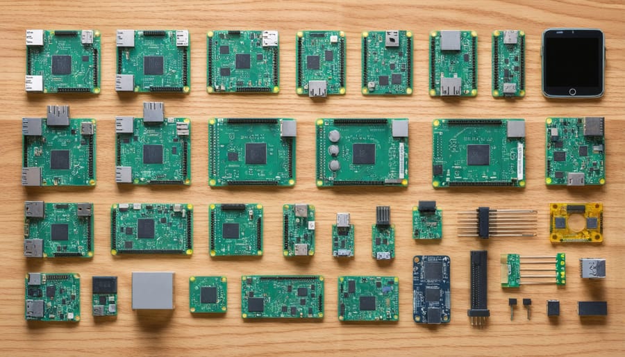 Raspberry Pi models and components on a workbench for planning a custom case