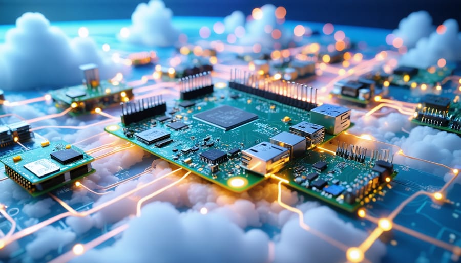 Conceptual illustration of Raspberry Pi Compute Modules connected by glowing data lines, representing a scalable and high-performance computing network.