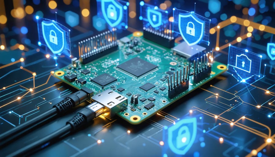 Illustration of a Raspberry Pi integrated into a network, symbolically providing cyber security through digital shields, padlocks, and visuals representing ad blockers and encrypted data.