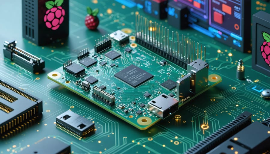 Conceptual illustration of a Raspberry Pi surrounded by cybersecurity symbols like digital shields and code snippets, representing its use in boosting cybersecurity skills.