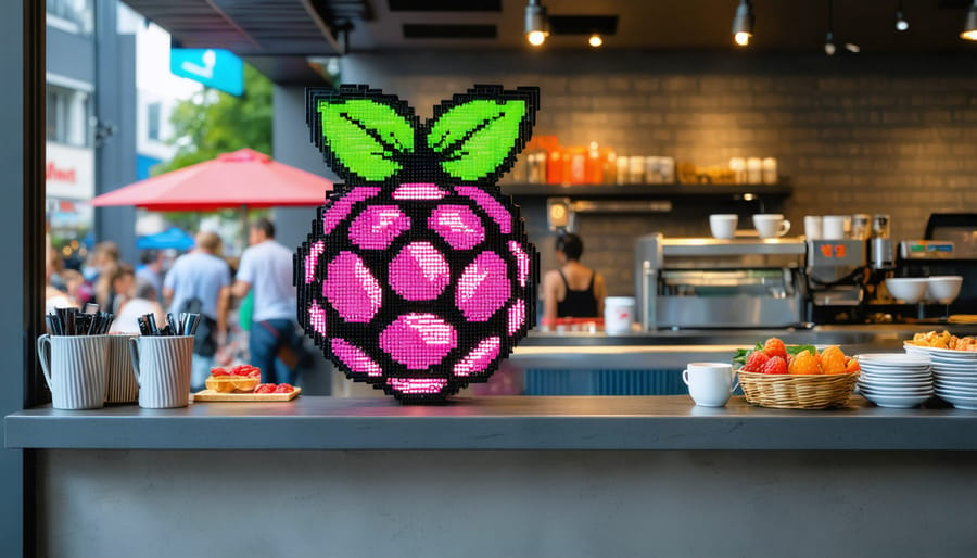 A Raspberry Pi is turning into an eye-catching digital signage display in a café, showing colorful content and attracting the attention of customers around it, symbolizing the integration of technology and creativity.